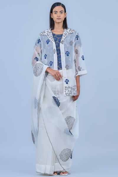 Ecru silver thread and bead embroidered shirt
