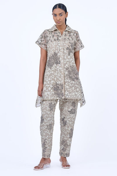 Beige bead embroidered shirt
