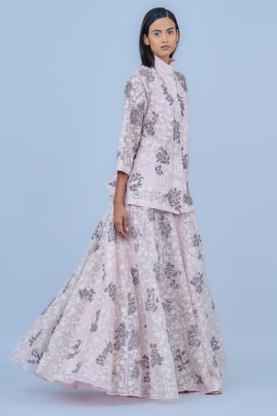 Ecru silver bead and thread embroidered shirt