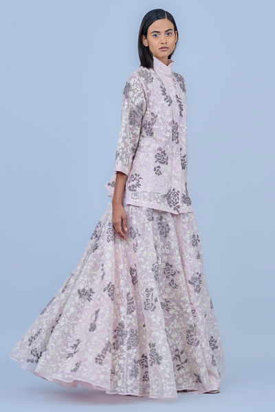 Ecru silver bead and thread embroidered skirt