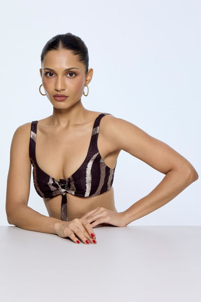 Espresso brown animal-striped zari blouse