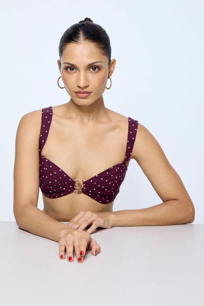 Maroon polka dot printed chiffon blouse