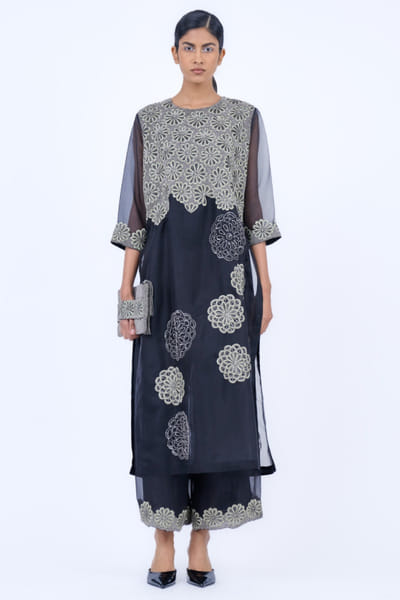 Black thread embroidered pants