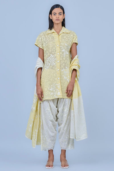 Yellow and ecru embroidered dupatta
