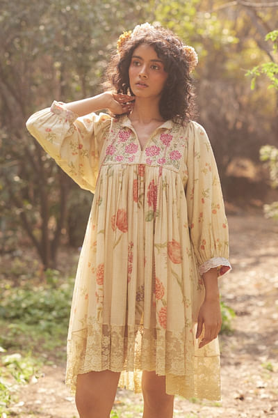 Ivory floral print embroidery dress and scarf