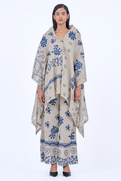 Beige floral embroidered cape-style top