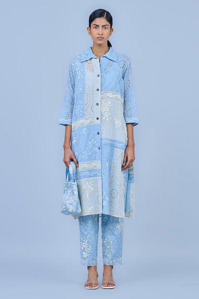 Blue and white embroidered shirt-style kurta