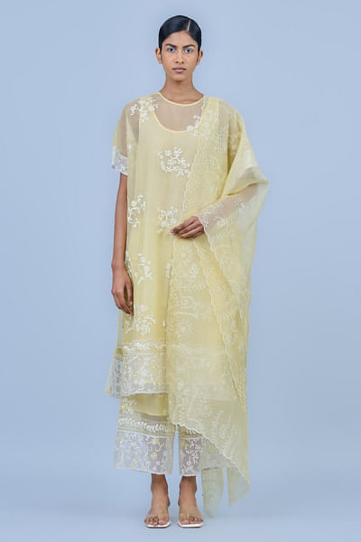 Yellow thread embroidered dupatta