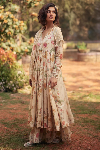 Ivory floral chintz printed anarkali skirt set