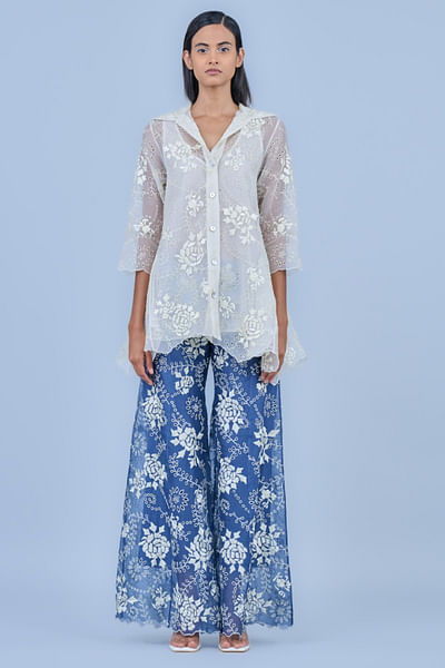 Space blue embroidery and cutwork palazzo