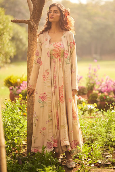 Dusty rose printed and embroidered jacket set