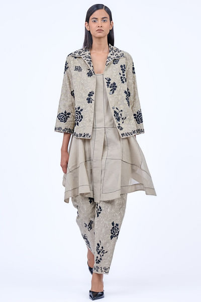 Beige thread embroidered pant