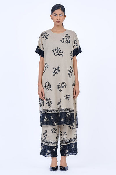Beige thread embroidered kurta
