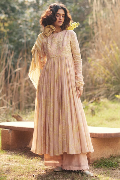 Soft pink flora kangri embroidery anarkali set