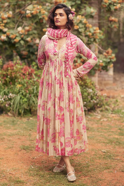 Pink-ivory print embroidery dress and scarf