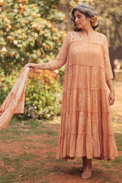 Apricot print embroidered dress and scarf