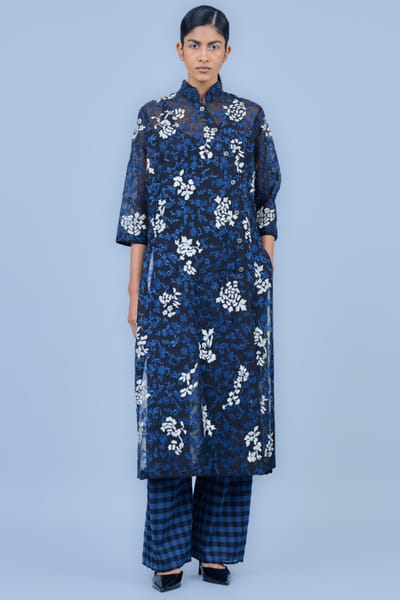 Space blue check print pants