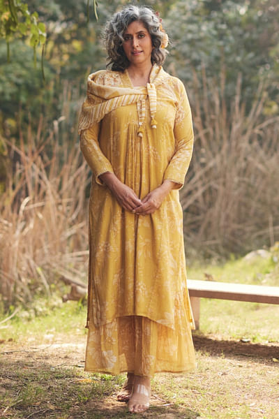 Golden yellow print embroidery kurta skirt set