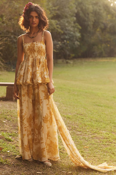 Golden yellow printed smocked peplum kurta set