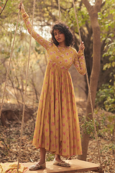Golden yellow print embroidered anarkali set
