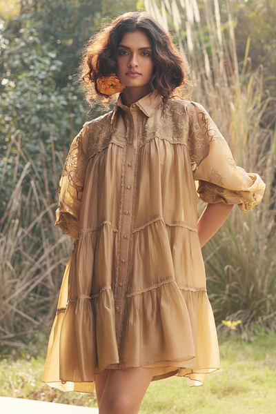 Beige floral bird jaal embroidered short dress