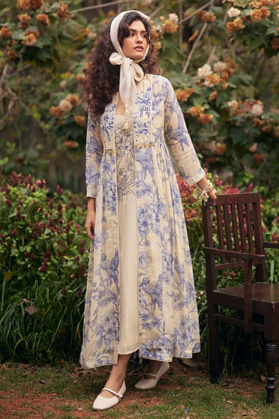 Royal blue-ivory print embroidery jacket set