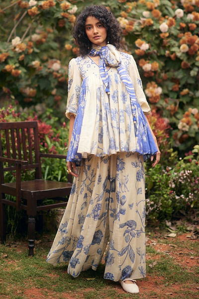 Royal blue-ivory printed peplum kurta set