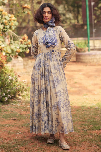Royal blue-ivory printed dress and scarf
