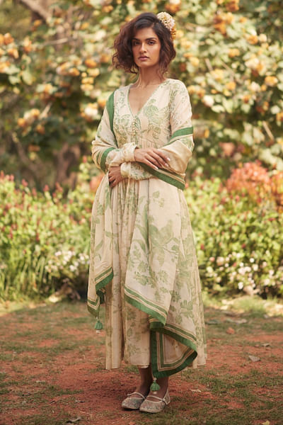 Pistachio green and ivory printed anarkali set