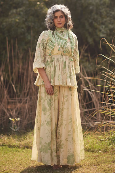 Pistachio green and ivory printed peplum set