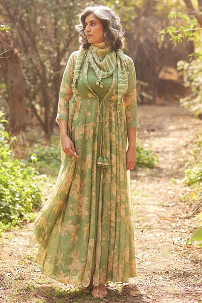 Forest green floral print wrap dress and scarf