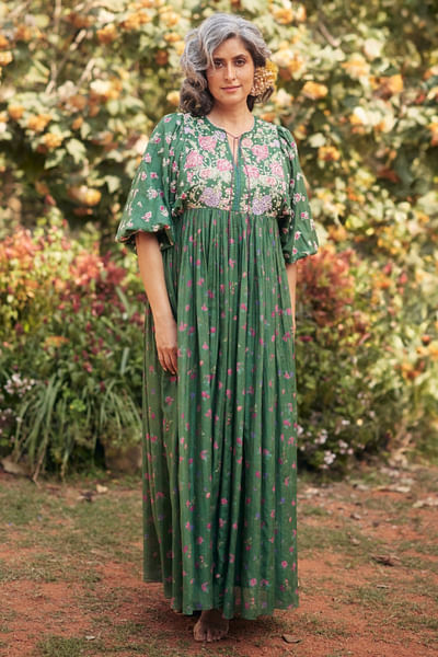 Fern green print embroidery dress and scarf