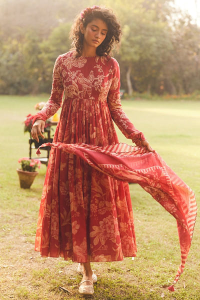 Crimson red floral bird print dress and scarf