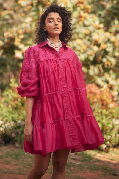 Hot pink floral bird jaal embroidered dress