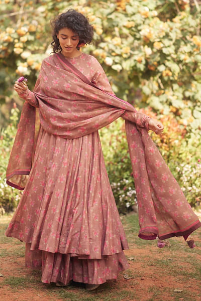 Mocha brown floral printed anarkali skirt set