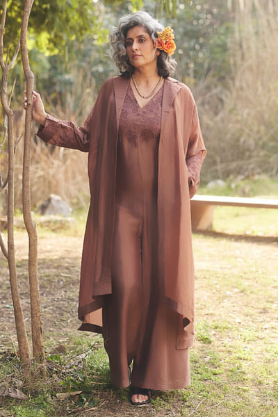 Mocha brown embroidered jacket jumpsuit set
