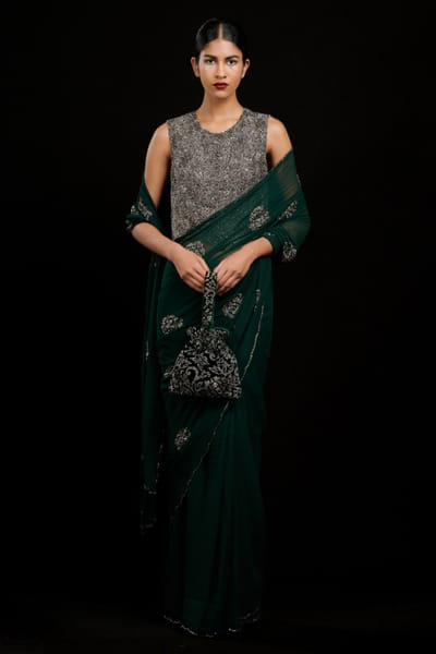 Peachoo Emerald bead embellished sari PEAOCT25D335512