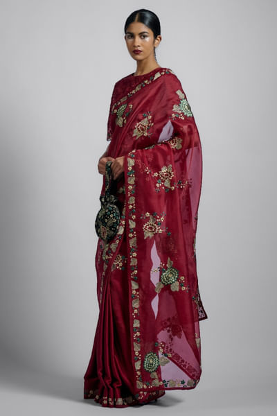Ruby floral thread embroidered sari
