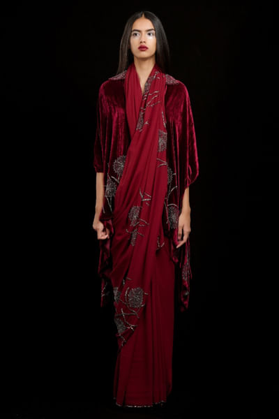 Ruby bead embellished sari
