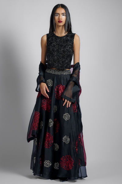 Black floral thread and bead embellished skirt