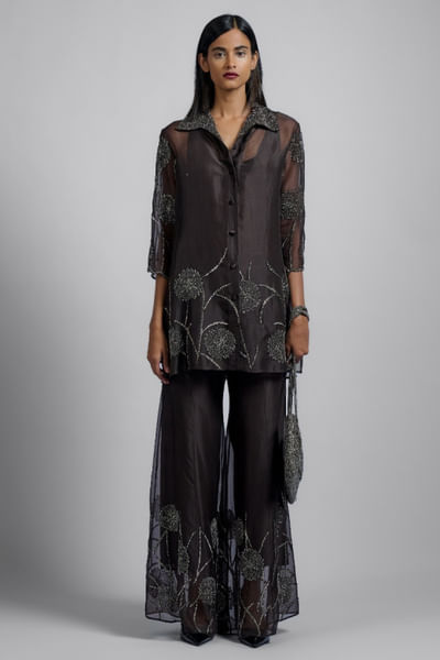Brown floral bead embellished shirt