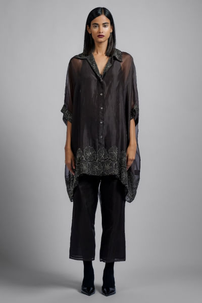 Brown bead embellished silk organza tunic