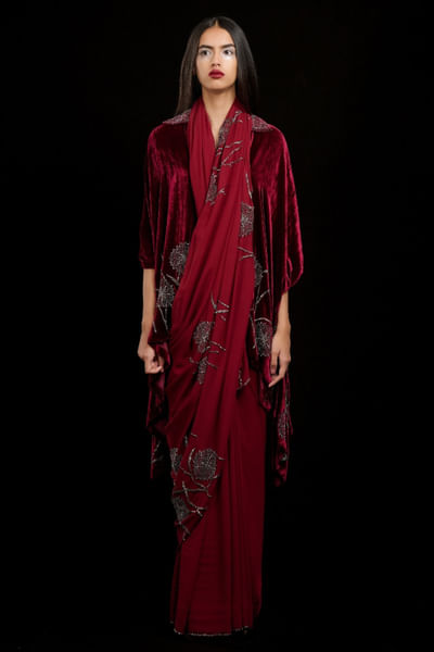 Ruby bead embellished velvet cape