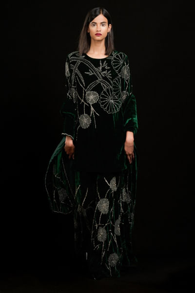 Emerald floral-abstract bead embellished kurta