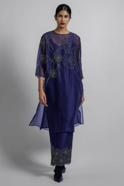 Purple bead embellished silk organza kurta