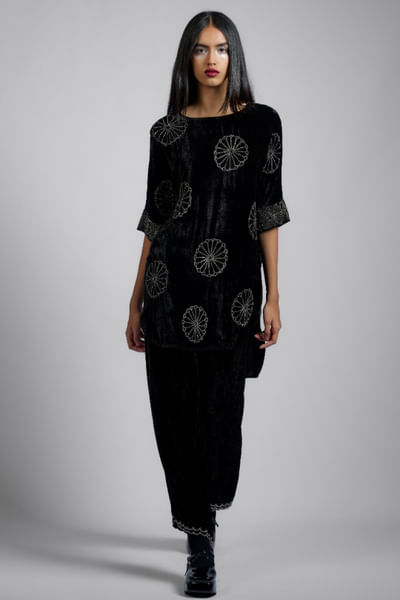 Brown bead embellished velvet pants