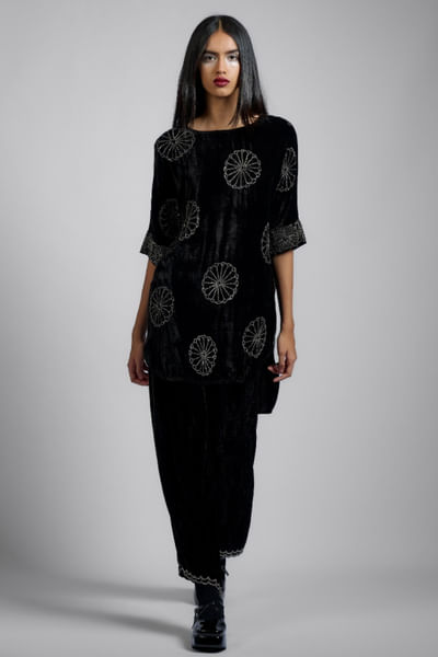 Brown floral bead embellished velvet tunic