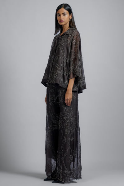 Brown abstract bead embellished cape