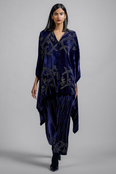 Purple abstract bead embellished velvet cape