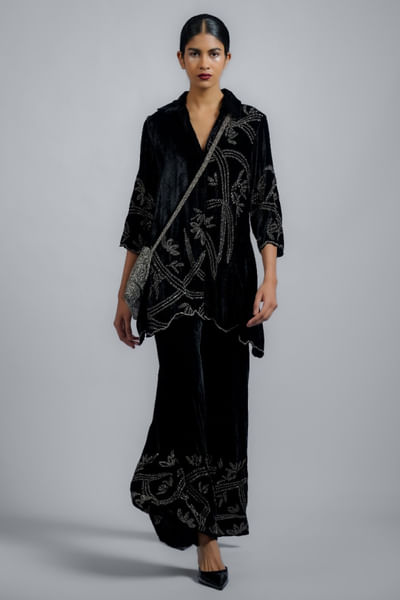 Black bead embellished velvet palazzos